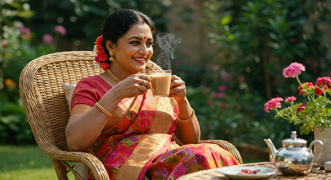 women drinking amruttulya tea